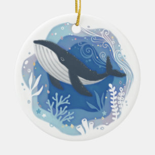 Whale & Corals in Ocean Paper Art Illustration Ceramic Ornament