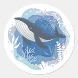 Whale & Corals in Ocean Paper Art Illustration Classic Round Sticker