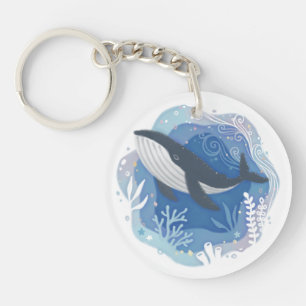 Whale & Corals in Ocean Paper Art Illustration Keychain
