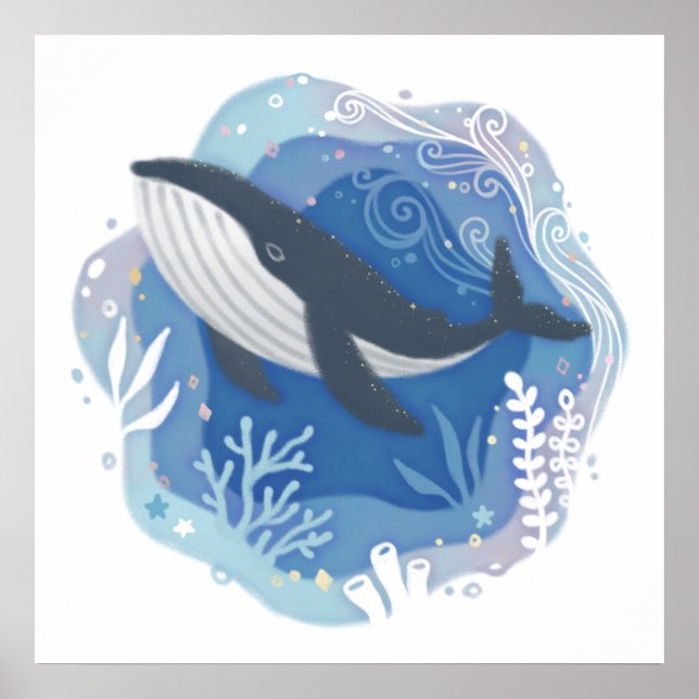 Whale & Corals in Ocean Paper Art Illustration Poster (Front)