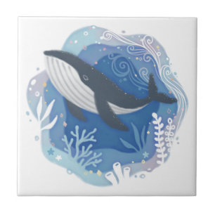Whale & Corals in Ocean Paper Art Illustration Tile
