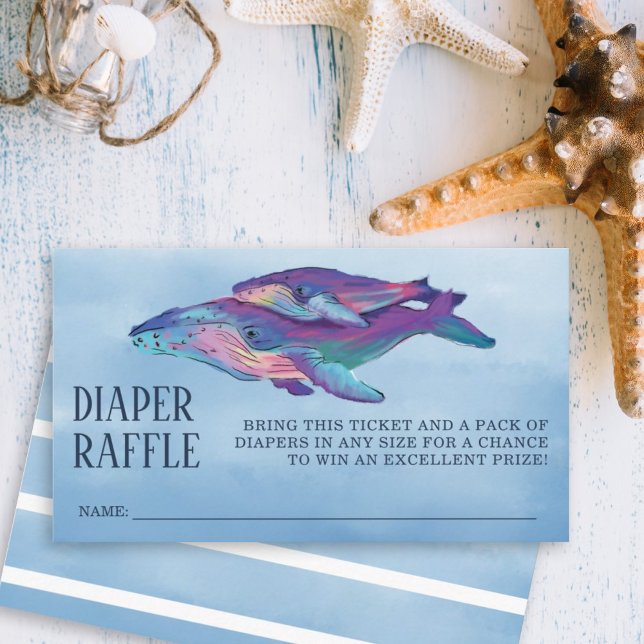 Whale Diaper Raffle Baby Shower Enclosure Card (Artistic painted whale and whale calf with a blue watercolor background diaper raffle.)