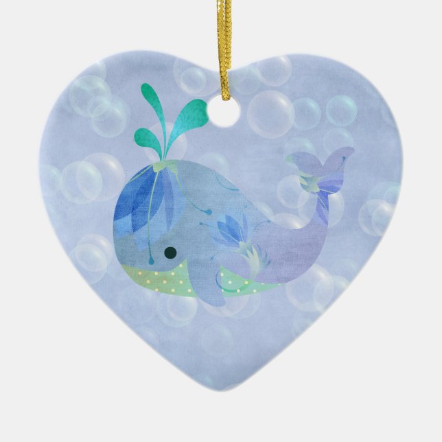 Whale Fish Baby Boy Birth Announcement Heart Ceramic Ornament (Front)