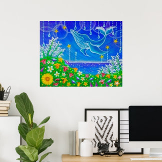 Whale & Flowers Poster