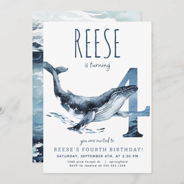 Whale Fourth Birthday Invitation (Front/Back)