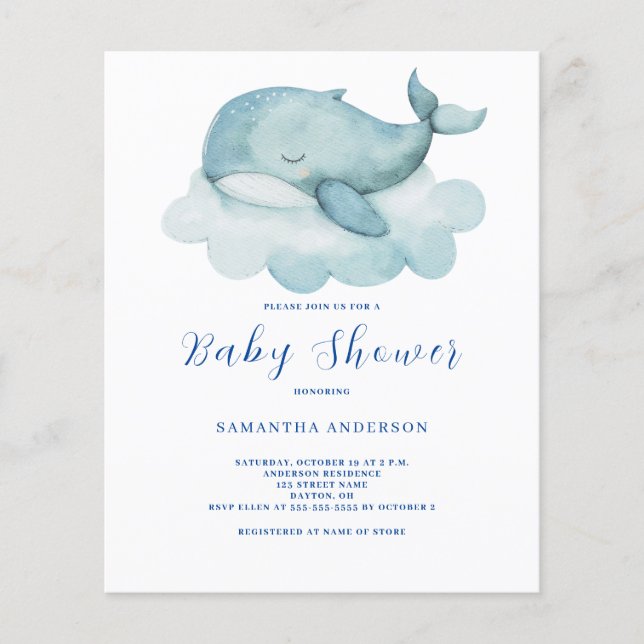 Whale Gender Neutral Budget Baby Shower Invitation (Front)