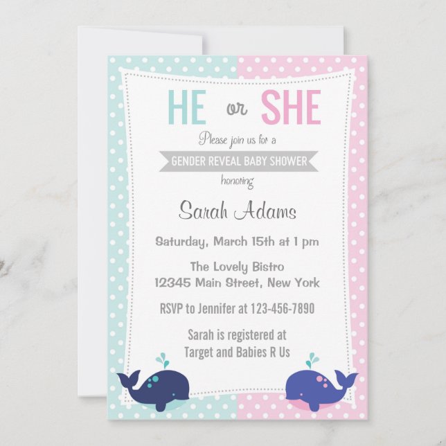 Whale Gender Reveal Party Invitation Blue Pink (Front)