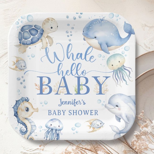 Whale Hello Baby Shower Boy Blue Ocean Paper Plate (Creator Uploaded)