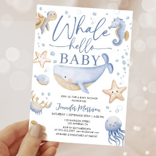 Whale Hello Baby Shower Cute Blue Ocean Invitation