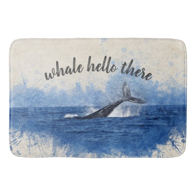 Whale hello there funny cute nautical watercolor bath mat (Front)