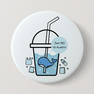 Whale in Cup, No to Plastic Earth Day 3 Inch Round Button