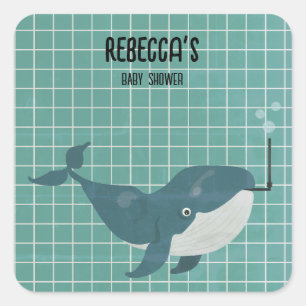 Whale in pool baby shower square sticker