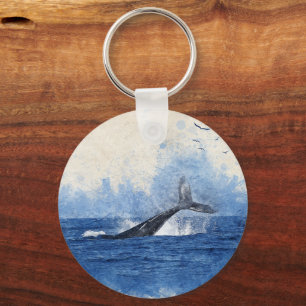 Whale in Sea Birds in Distance Art Decor Gift Keychain