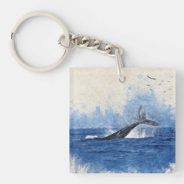 Whale in Sea Birds in Distance Art Decor Gift Keychain (Front)
