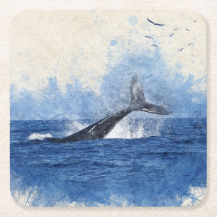 Whale in Sea Birds in Distance Art Decor Gift Square Paper Coaster