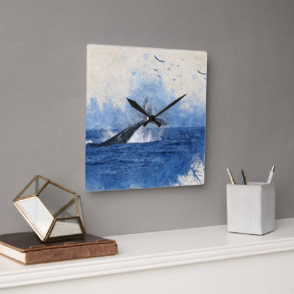 Whale in Sea Birds in Distance Art Decor Gift Square Wall Clock