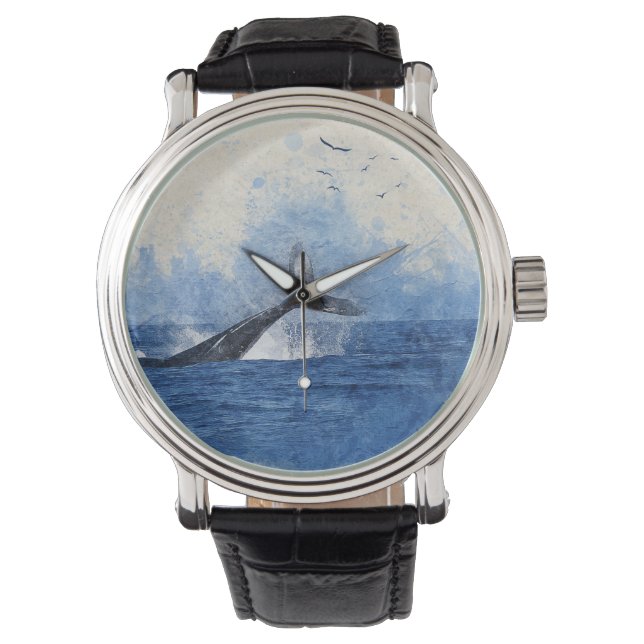 Whale in Sea Birds in Distance Art Decor Gift Watch (Front)
