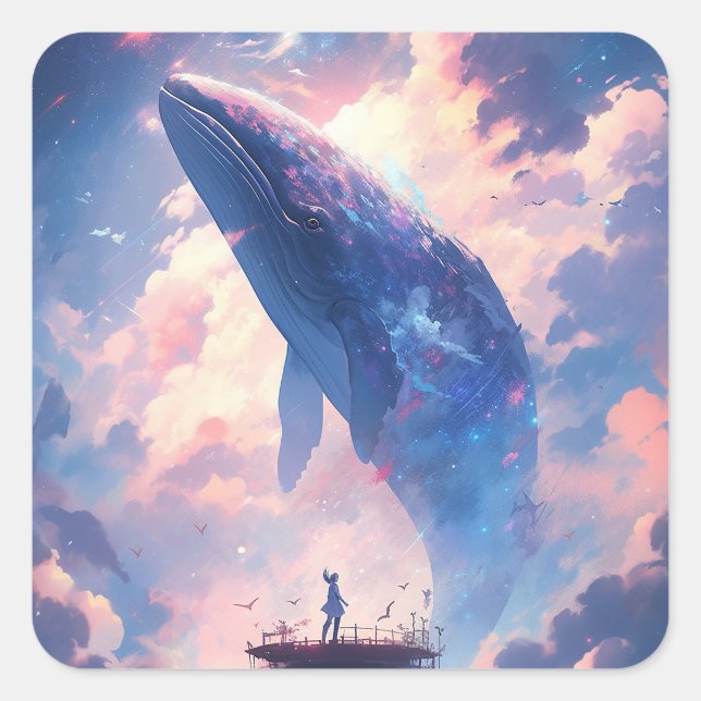 Whale In The Sky Fantasy Art Square Sticker (Front)