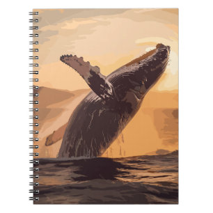 Whale Jumping Sunset Over Ocean Watercolor Art Notebook