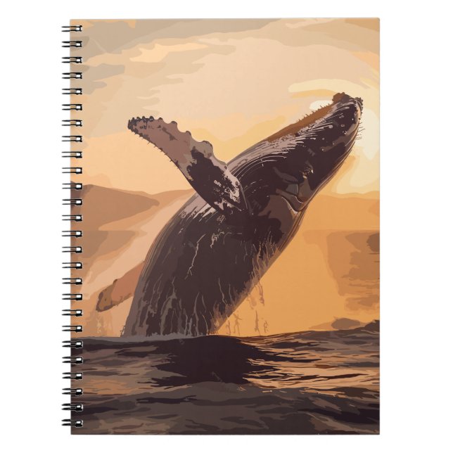 Whale Jumping Sunset Over Ocean Watercolor Art Notebook (Front)