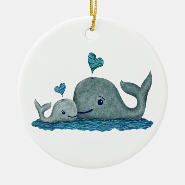 Whale Mom and Baby Swimming in the Sea Ceramic Ornament (Front)