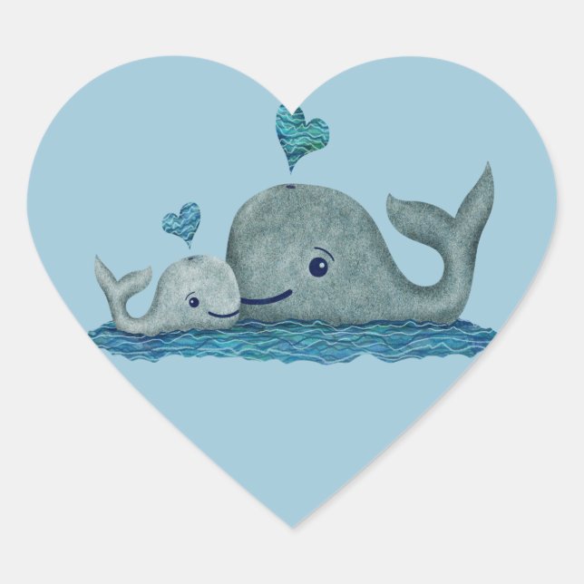 Whale Mom and Baby Swimming in the Sea Heart Sticker (Front)