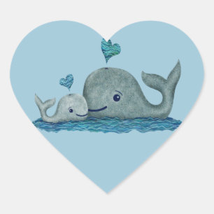Whale Mom and Baby Swimming in the Sea Heart Sticker