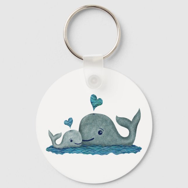 Whale Mom and Baby Swimming in the Sea Keychain (Front)
