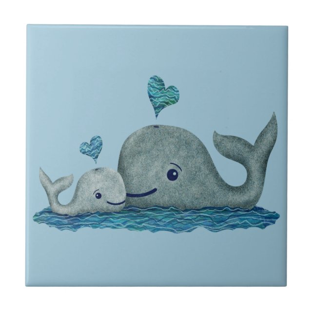 Whale Mom and Baby Swimming in the Sea Tile (Front)