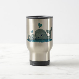Whale Mom and Baby Swimming in the Sea Travel Mug