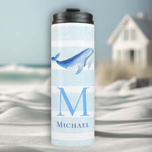 Whale Monogram Beach Nautical Stripe Watercolor Thermal Tumbler