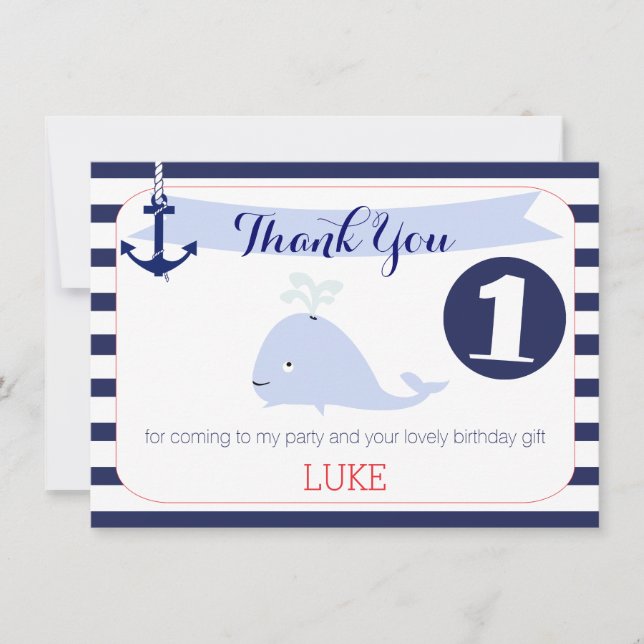 Whale Nautical 1st Birthday Thank You Flat Card (Front)