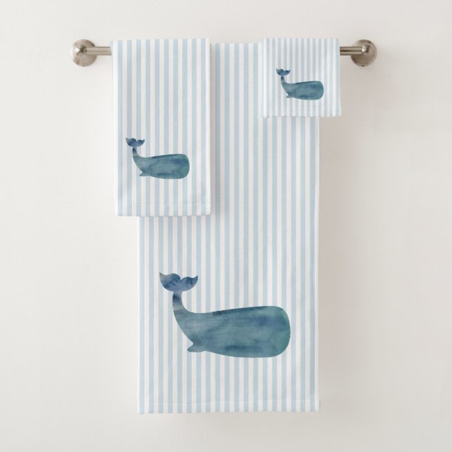 Whale Nautical Blue Stripe Painting Bath Towel Set (Insitu)