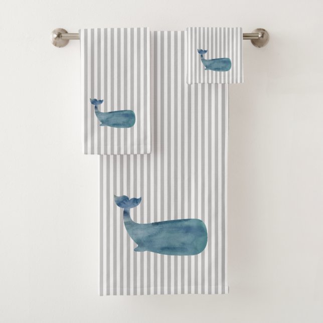 Whale Nautical Blue Stripe Painting Bath Towel Set (Insitu)