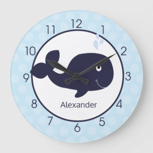 Whale Nursery Navy Blue / Light Blue Boys Wall Large Clock