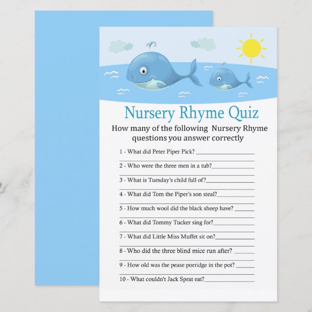 Whale Nursery Rhyme Quiz baby shower game (Front/Back)