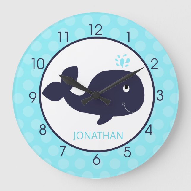 Whale Nursery Teal and Navy Blue Kids Large Clock (Front)