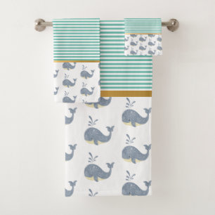WHALE OF A TIME AQUABLUE STRIPE BATHROOM TOWEL SET