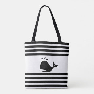Whale on Black and White Striped Tote Bag