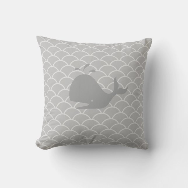 Whale on Silver Grey Waves Throw Pillow (Front)