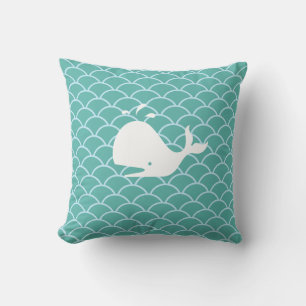 Whale on Teal Waves Throw Pillow