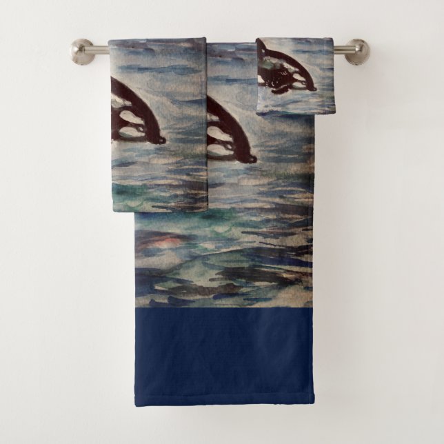 Whale, Orca Watercolor drawing Bathroom Towel Set (Insitu)