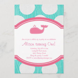 Whale Polka Dot Pool Party Aqua and pink modern Invitation