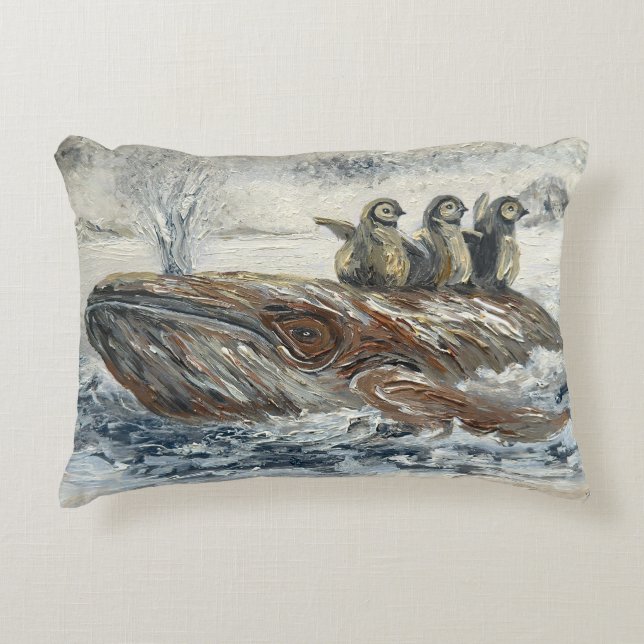 Whale Riders Whimsical Whale and Penguin Ocean Accent Pillow (Front)