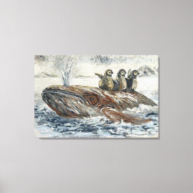 Whale Riders Whimsical Whale and Penguin Ocean Canvas Print (Front)