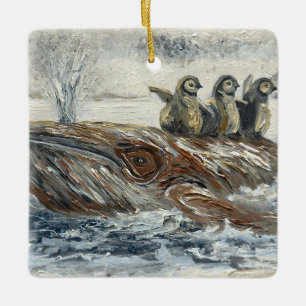 Whale Riders Whimsical Whale and Penguin Ocean Ceramic Ornament