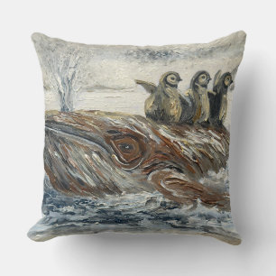 Whale Riders Whimsical Whale and Penguin Ocean Throw Pillow