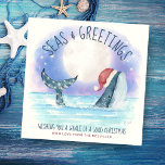 Whale Santa sea Moon & Stars Nautical Christmas Holiday Card<br><div class="desc">Nautical humour Christmas card features a watercolor whale wearing a Santa hat swimming in the sea under a magical moon and stars with string lights decorating its tail. The "Seas & Greetings" and "Wishing you a whale of a good Christmas" greetings, along with the name can be personalized. Art by...</div>
