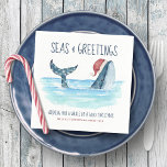 Whale Santa Sea Nautical Watercolor Christmas Napkin<br><div class="desc">Nautical humour Christmas napkins feature a watercolor whale wearing a Santa hat swimming in the sea with string lights decorating its tail. The "Seas & Greetings" and "Wishing you a whale of a good Christmas" greetings, along with the name can be personalized. Perfect for coastal, nautical, beach and tropical themed...</div>