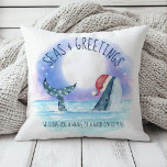 Whale Santa Sea Nautical Watercolor Christmas Throw Pillow<br><div class="desc">Add some nautical fun to your holiday decor with this Christmas cotton throw pillow featuring a watercolor whale wearing a Santa hat swimming in the sea under a magical moon and stars with string lights decorating its tail. The "Seas & Greetings" and "Wishing you a whale of a good Christmas"...</div>